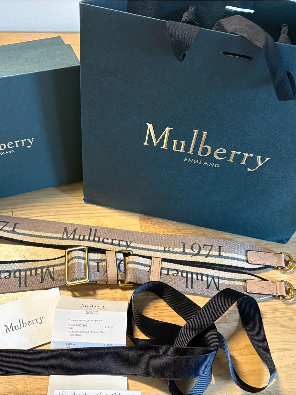 Mulberry Beige and Black Branded Webbing Strap with Gold Hardware